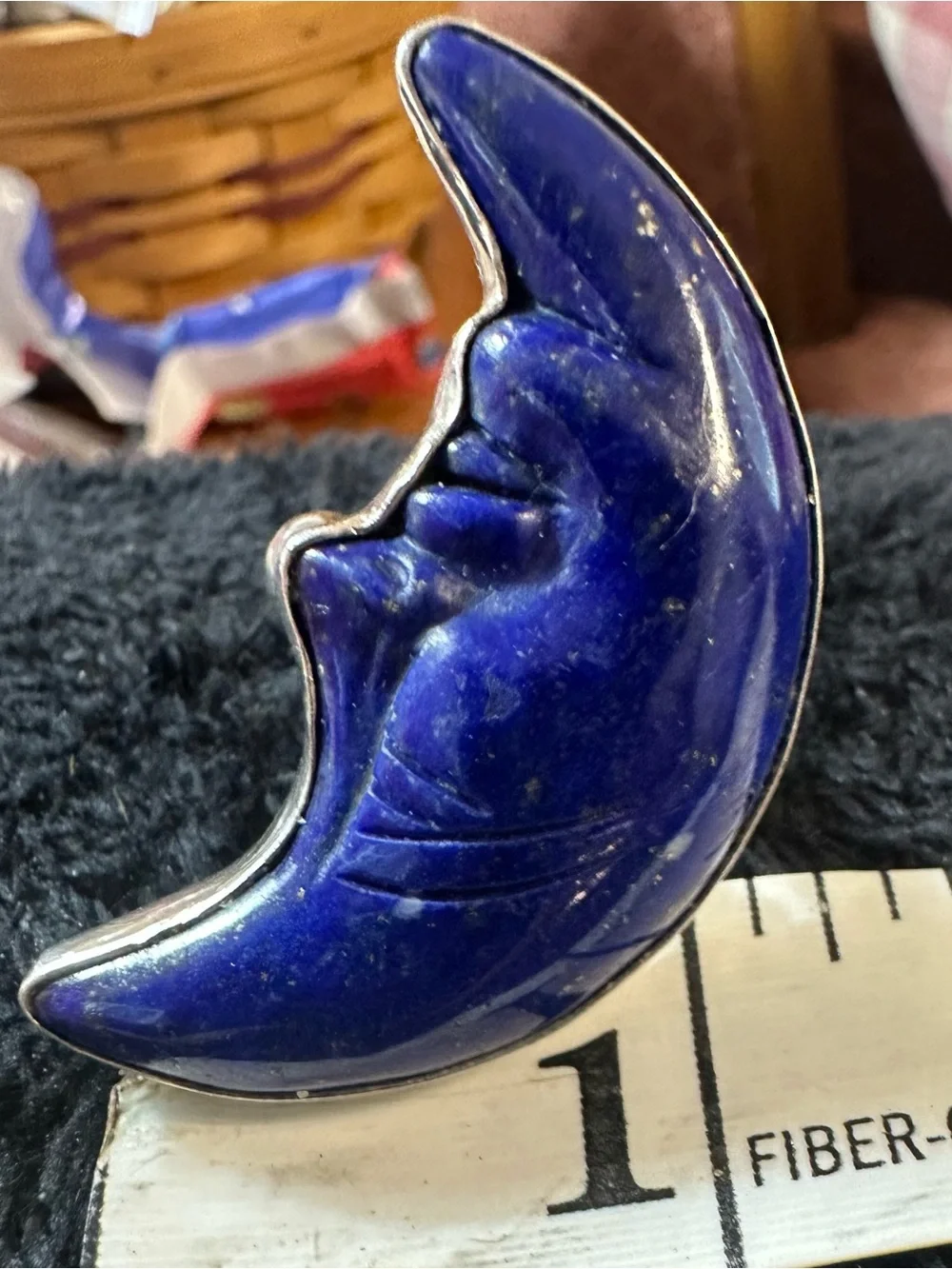 Charles Albert Sterling Silver Carved Lapis Crescent Moon Face Adjustable Ring
